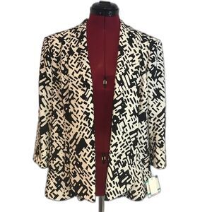 Kasper Blazer Women's Size 16 Black & White Open Front 3/4 Sleeve NWT